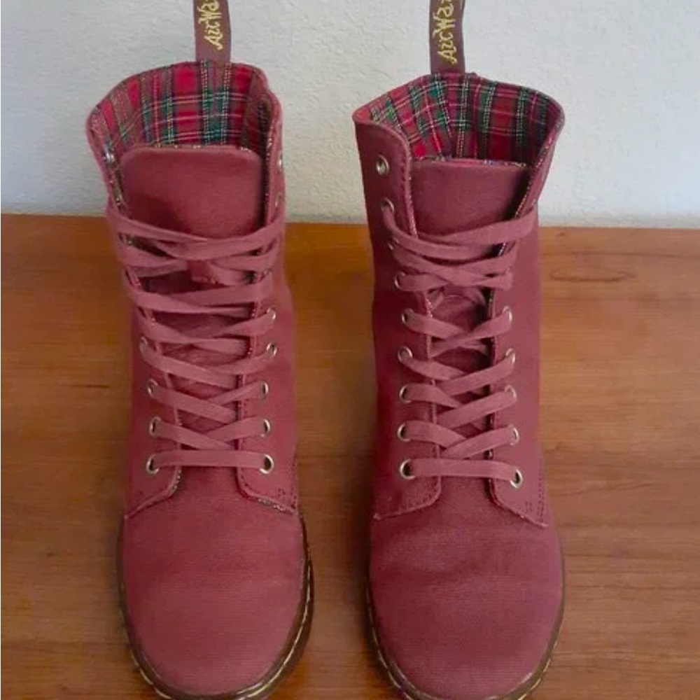 Red canvas Dr martens cozy red plaid boots